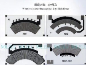 Arc-shaped cermet resistive tracks on ceramic substrates, designed for fuel level sensor applications with high wear resistance.