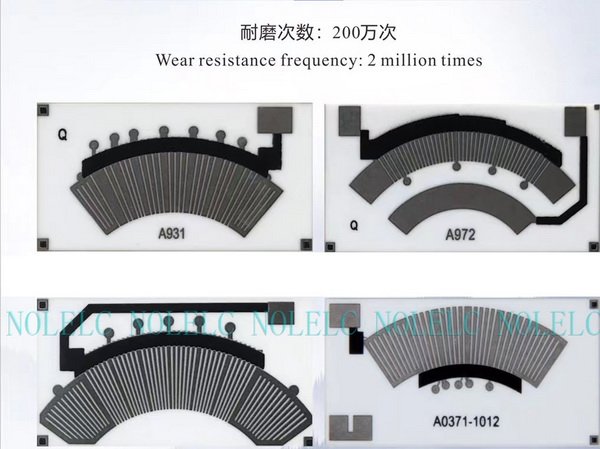 Arc-shaped cermet resistive tracks on ceramic substrates, designed for fuel level sensor applications with high wear resistance.