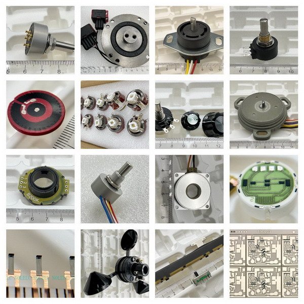 A visual overview of different potentiometer types, including rotary and linear designs, various housings, shafts, and resistive element structures.