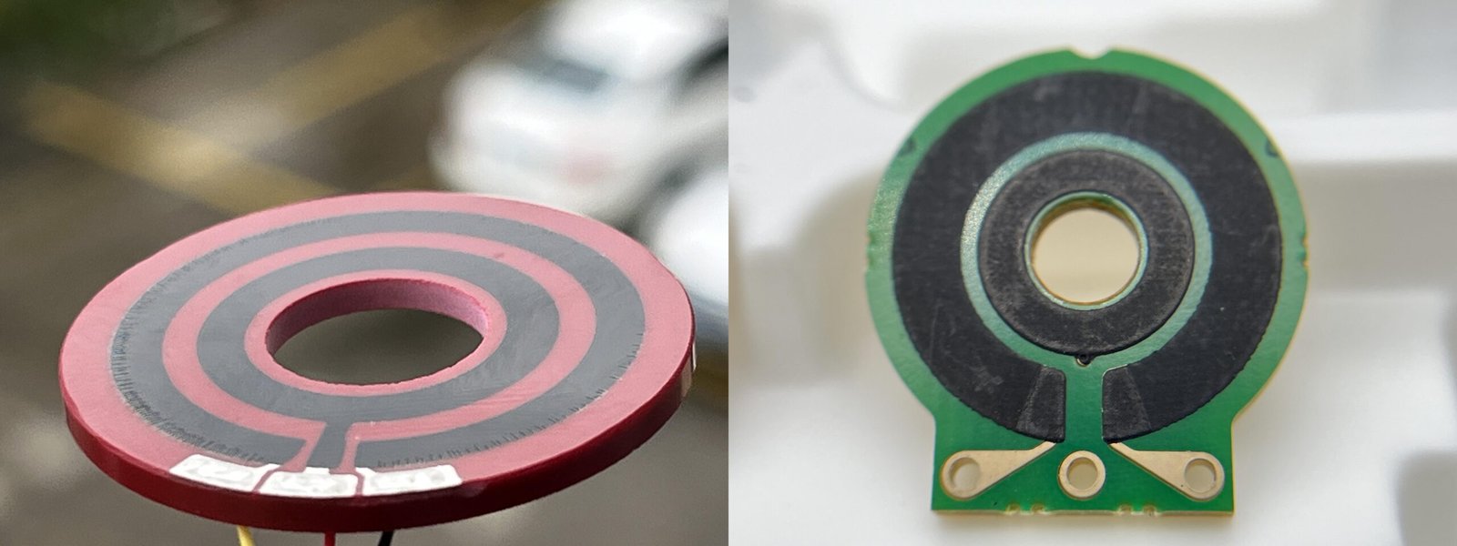 Comparison of resistive elements: the left is a conductive plastic resistive element, and the right is a carbon film resistive element. Both share a circular motion track, but their thickness is clearly different.