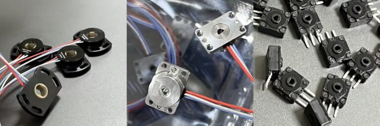 Hollow-shaft angle sensors using conductive plastic elements—flange and mini forms for robotic finger and wrist joints; ≈±0.3% linearity, >5M cycles.