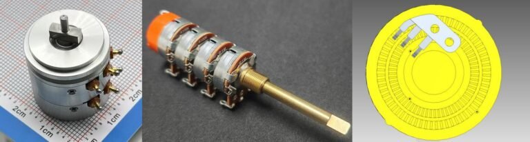 Dual-channel conductive plastic sensor, multi-gang carbon film potentiometer, and triple-track resistive element — examples of multi-gang structures at different design levels.