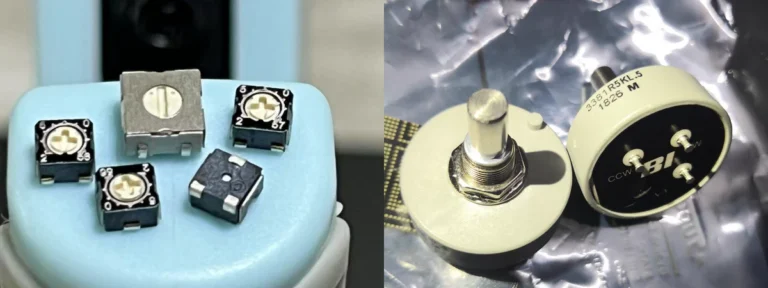 The image shows several SMD trimmer potentiometers (Bourns 3314J, Panasonic EVM3E, Copal ST-32) compared with a BI 3381 multi-turn potentiometer.