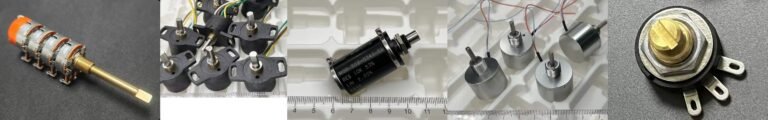 A group of different potentiometer and sensor housings, including stamped metal, plastic, stainless-steel, aluminum, and Bakelite structures.