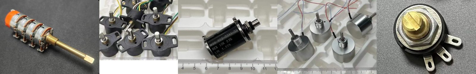 A group of different potentiometer and sensor housings, including stamped metal, plastic, stainless-steel, aluminum, and Bakelite structures.