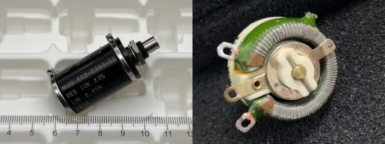 Wirewound comparison: left is a Bourns 10-turn precision wirewound potentiometer; right is a Vishay single-turn wirewound power unit with fired glaze insulation and a mechanical stop