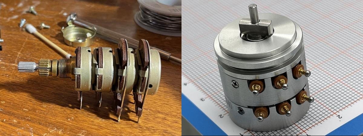 Structure comparison of a stackable military conductive-plastic multi-gang potentiometer (left) and a vintage quad-gang dual-control carbon-track potentiometer (right)