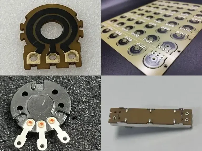 Collage comparing potentiometer substrates and process routes, showing carbon track assemblies on phenolic/bakelite and FR4 with copper pads at the terminals