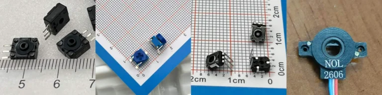 Through-hole trimmer, SMD trimmer, miniature potentiometer, and NOLELC 10 mm miniature angle sensor shown side by side for size comparison.