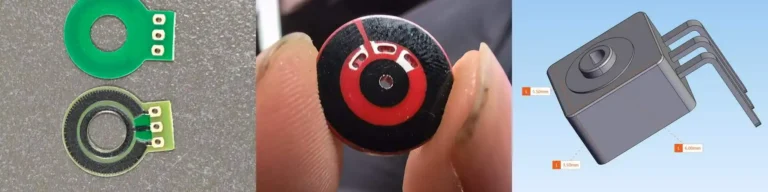 From left to right: a 10 mm carbon film resistive track with 0.5% linearity trimming, a 15 mm conductive plastic resistive track before trimming, and a 6 mm outer-size contact-type angle sensor concept drawing.